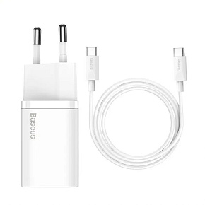 Baseus rýchlonabíjačka do siete Super Si USB-C PD QC 25W (s káblom USB-C na USB-C) biela Baseus rýchlonabíjačka do siete Super Si USB-C PD QC 25W (s káblom USB-C na USB-C) biela