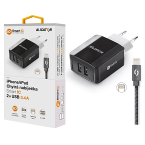 Múdra sieťová nabíjačka ALIGATOR 3.4A, 2xUSB, smart IC, čierna, kábel pre iPhone/iPad 2A Múdra sieťová nabíjačka ALIGATOR 3.4A, 2xUSB, smart IC, čierna, kábel pre iPhone/iPad 2A