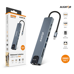 Aligator Dokovacia stanica USB-C/Hub 8v1 (USB-C/2xUSB/SD/MicroSD/HDTV/RJ45) Aligator Dokovacia stanica USB-C/Hub 8v1 (USB-C/2xUSB/SD/MicroSD/HDTV/RJ45)
