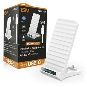 ALIGATOR Stojanček s bezdrôtovým nabíjaním 15W a USB-C konektorom, 2v1, biely ALIGATOR Stojanček s bezdrôtovým nabíjaním 15W a USB-C konektorom, 2v1, biely