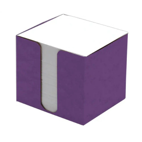 Poznámková kocka papierová   8,5x8,5x8,0cm biela, prešp.krabička fialová - dopredaj