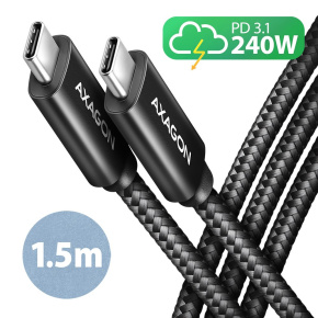 AXAGON BUCM2-CM15AB, CHARGE kábel USB-C <-> USB-C, 1.5m, Hi-Speed USB, PD 240W 5A, ALU, oplet, čierny