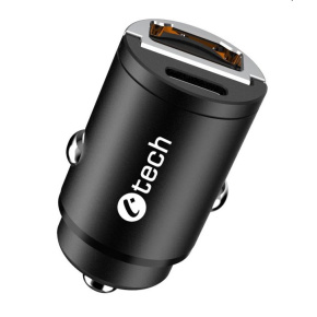 USB car charger C-TECH UCC-02, 1x Type C + 1x Type A, 30W, Power delivery 3.0, Quick Charge 3.0, aluminum body