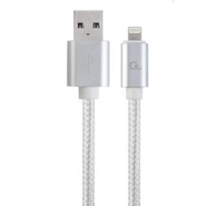 Cotton braided 8-pin cable with metal connectors, 1.8 m, silver color, blister