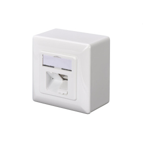 CAT 6A Class EA network outlet, shielded, 2x RJ45 LSA, pure white, surf. mount, vert. cable install.