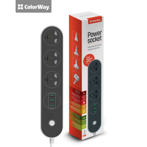 ColorWay Power Socket 3 plugs/3USB, black, 1,8m