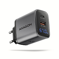 AXAGON ACU-PQ67D GaN nabíjačka do siete 67W, USB-A+USB-C, PD3.0/PPS/QC4+/SFC2.0/Apple, LCD display