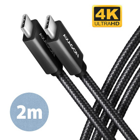 AXAGON BUCM32-CM20AB, SPEED+ kábel USB-C <-> USB-C, 2 m, USB 3.2 Gen 2, PD 100W 5A, 4k HD, ALU, opletenie, čierny