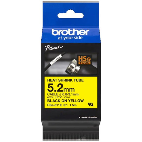 zmršťovacia bužírka BROTHER HSe611E čierne písmo, žltá bužírka TUBE (5.2mm) (HSE611E)