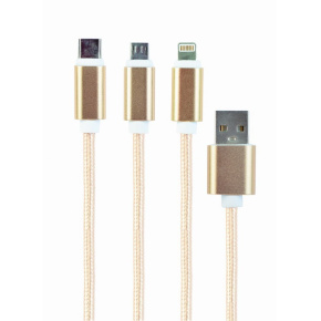 Cable CABLEXPERT USB A Male/Micro B + Type-C + Lightning, 1m, braided, gold, blister
